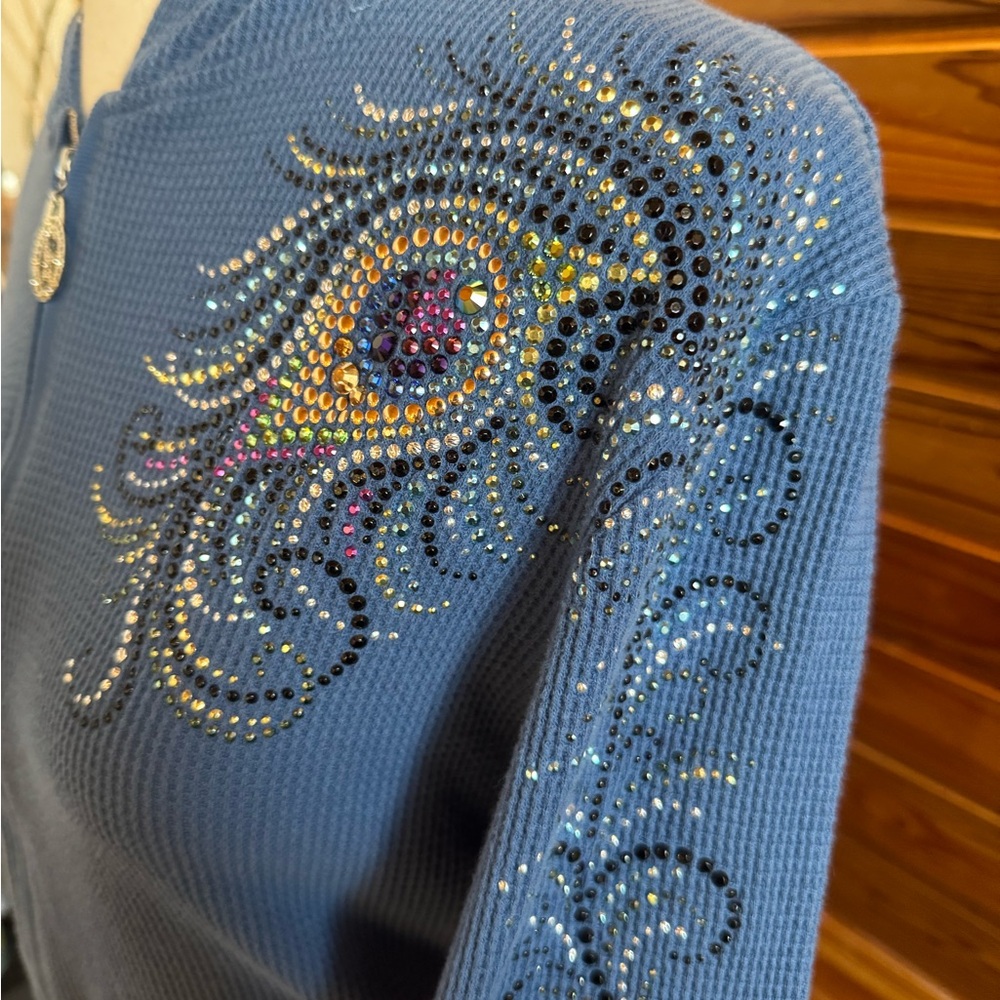 Christine Alexander Cobalt Hooded Zip Sweater with Rhinestone Pull - Picture 2 of 9